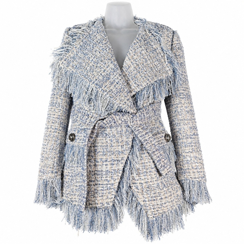 Balmain Tweed Jacket Womens M Blue Fringed Sequin Glam Designer Belt Luxury Boho
